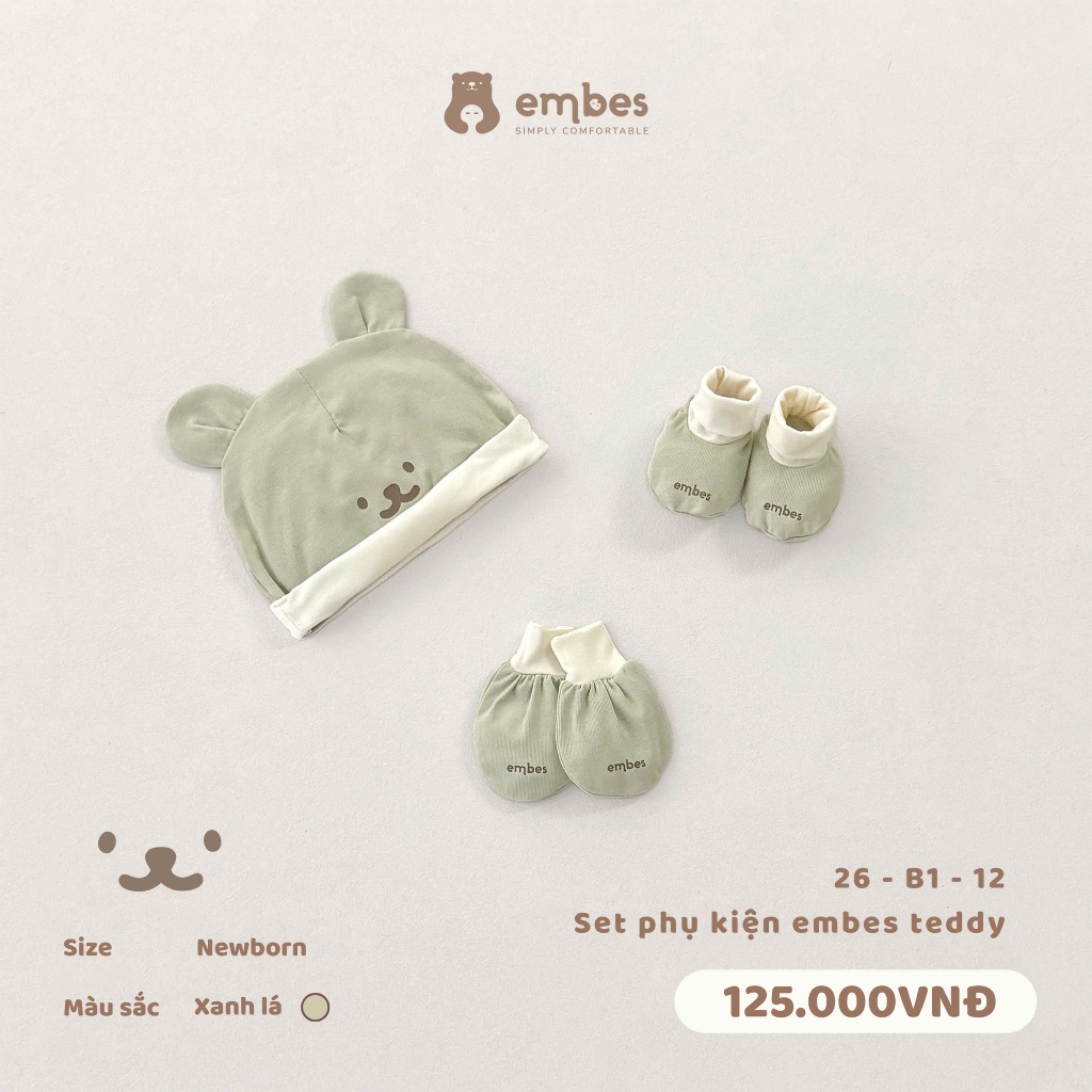 Phụ Kiện Sơ Sinh Embes, Set Bao Tay Bao Chân Embes Teddy Chất Cotton Mềm Mại Cho Bé Sơ Sinh 0-3Tháng