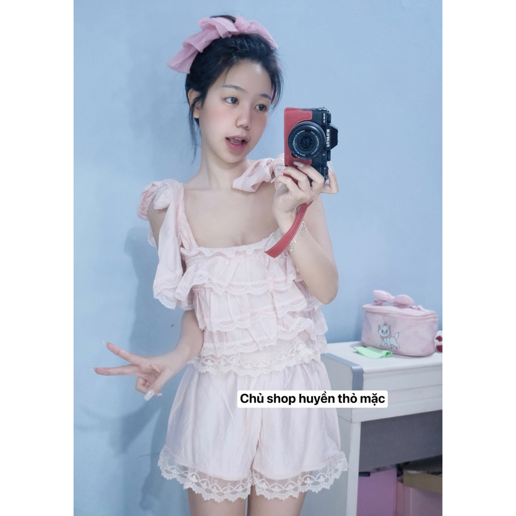 Bộ ngủ ren bèo tầng thắt dây bản to quần phối ren