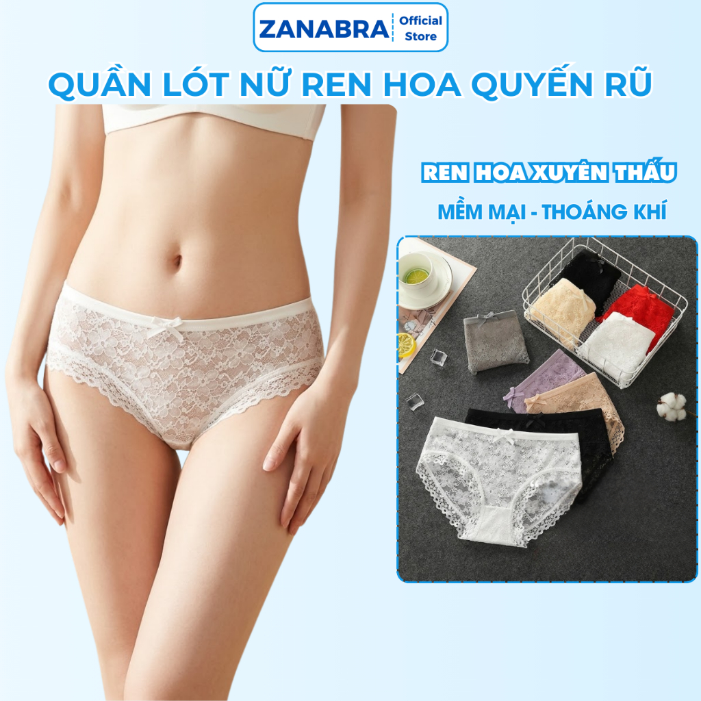 Quần lót ren hoa xuyên thấu quyễn rũ mềm mại thoáng mát, Quần chip ren nữ đáy lót cotton kháng khuẩn ZANABRA L104