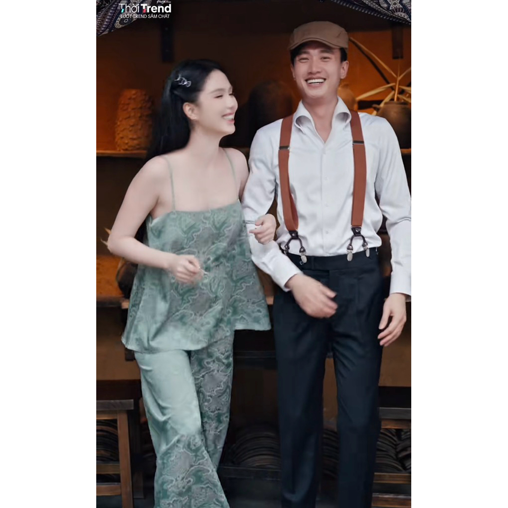 Set áo 2 dây lụa gấm cúc bọc quần suông Ngọc Trinh