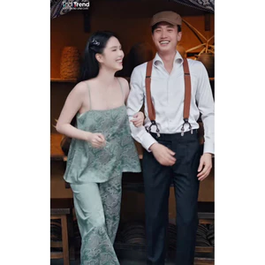 Set áo 2 dây lụa gấm cúc bọc quần suông Ngọc Trinh