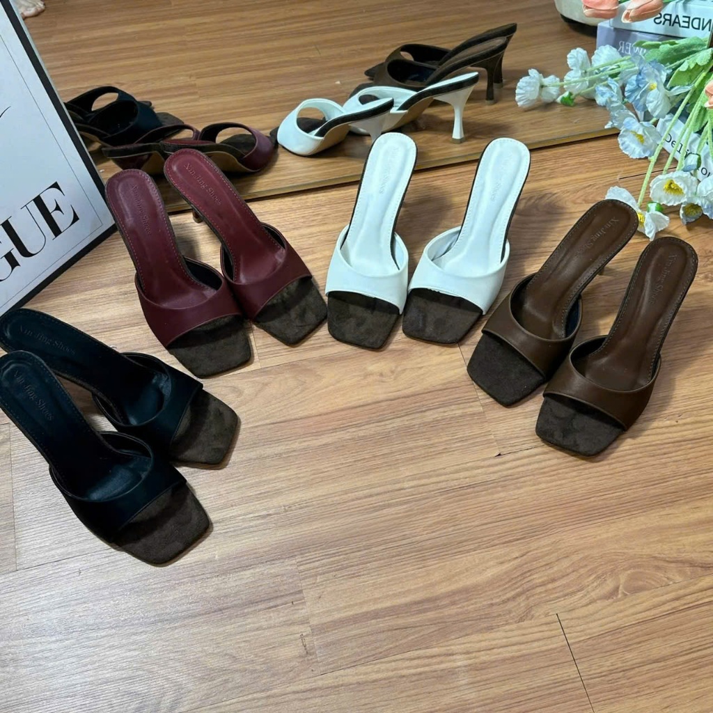 Dép Cao Gót Mũi Vuông 7cm Cone Heel – Thiết Kế Quai Bản Mềm Phối Màu Cực Xinh Thanh Lịch Tôn Dáng