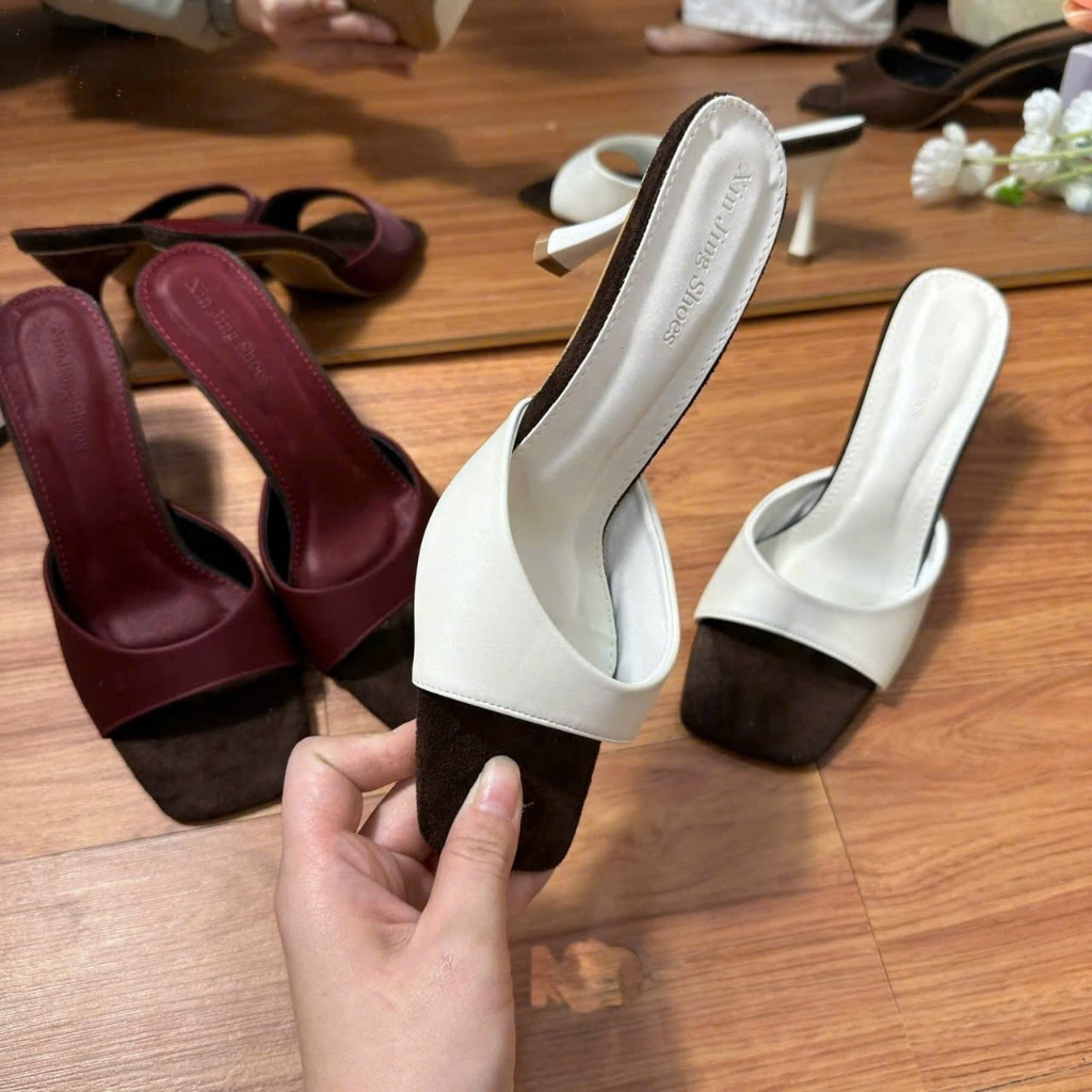 Dép Cao Gót Mũi Vuông 7cm Cone Heel – Thiết Kế Quai Bản Mềm Phối Màu Cực Xinh Thanh Lịch Tôn Dáng