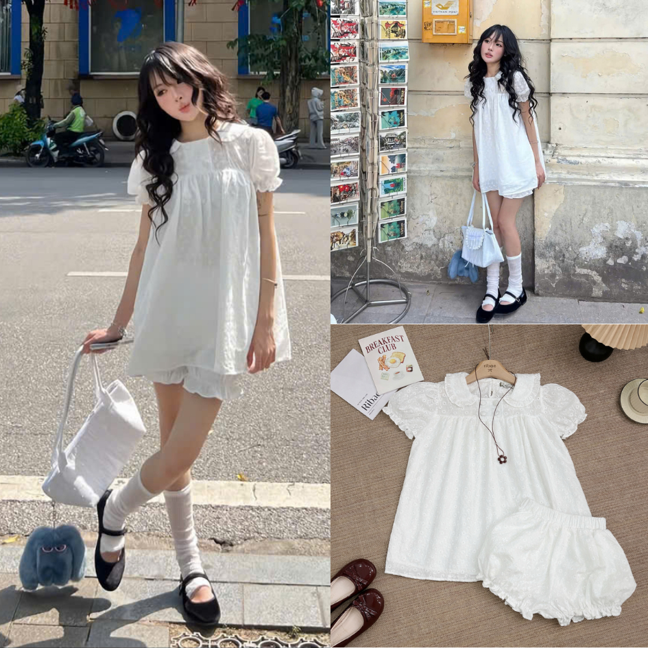 Set babydoll tay phồng ren thêu hoa phối 4 cúc cổng chúa tiểu thư LABEL S16