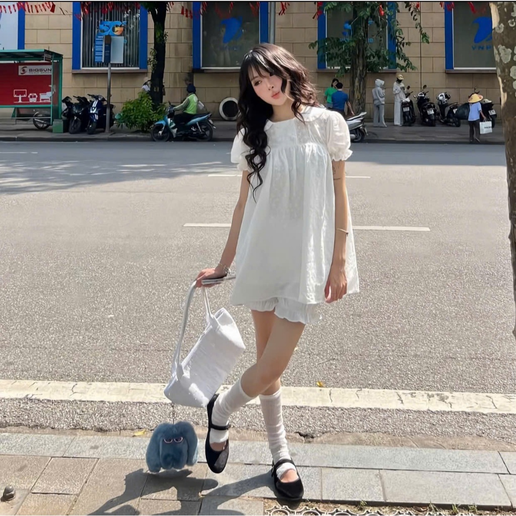 Set babydoll tay phồng ren thêu hoa phối 4 cúc cổng chúa tiểu thư LABEL S16