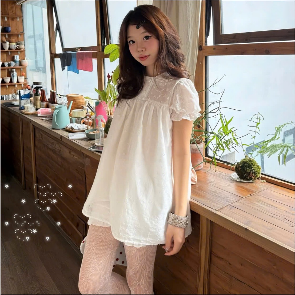 Set babydoll tay phồng ren thêu hoa phối 4 cúc cổng chúa tiểu thư LABEL S16