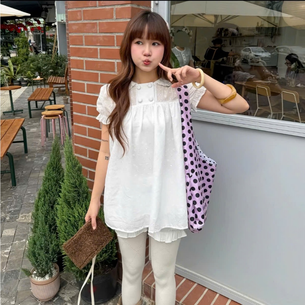 Set babydoll tay phồng ren thêu hoa phối 4 cúc cổng chúa tiểu thư LABEL S16