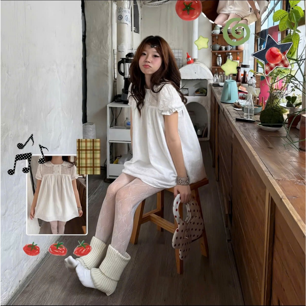 Set babydoll tay phồng ren thêu hoa phối 4 cúc cổng chúa tiểu thư LABEL S16