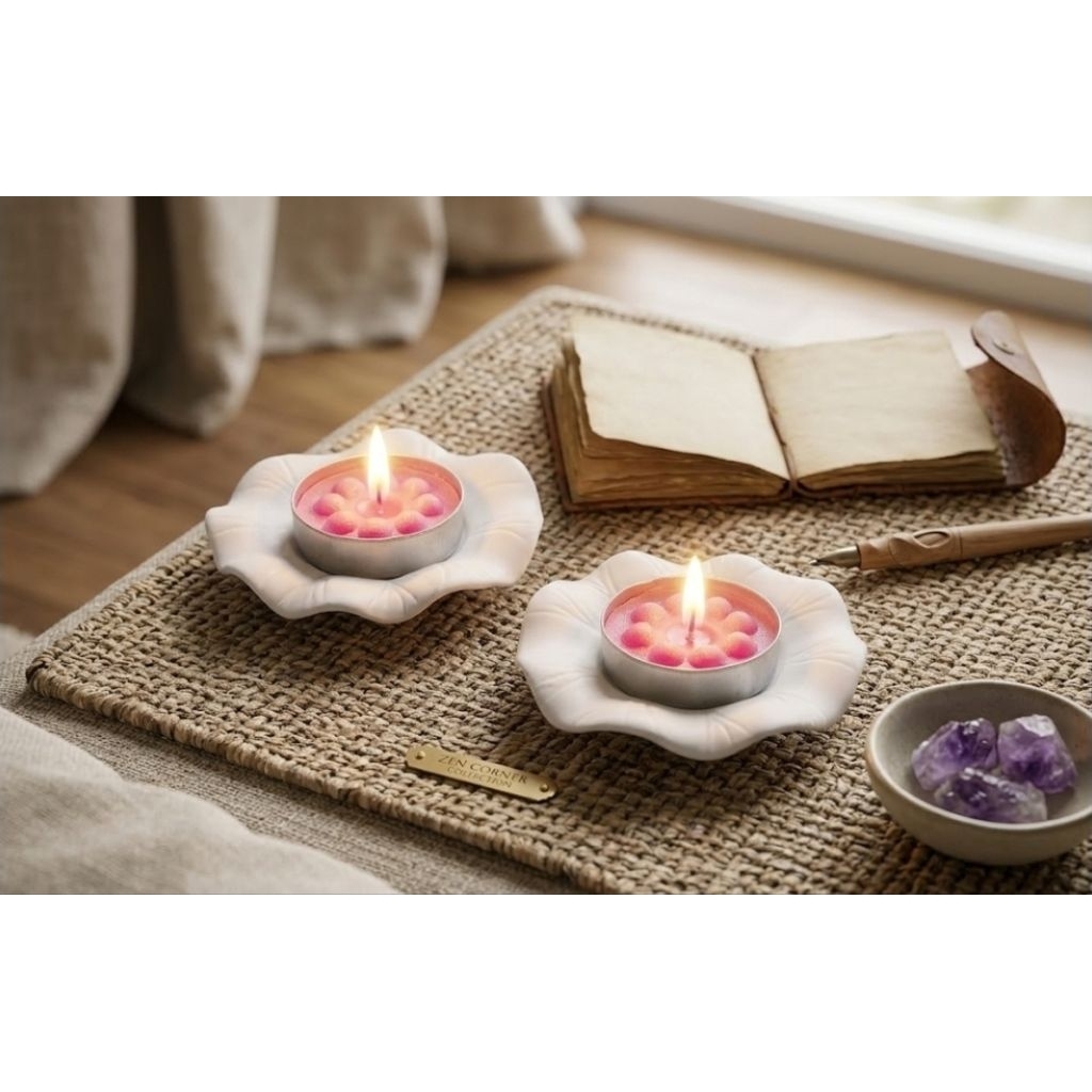 [Set of 2] Handcrafted Lotus Leaf Tealight Holders - Mini Aesthetic Vintage Candlestick Decor