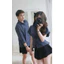 Set đồ đôi nam nữ couple áo sơmi kẻ tay bồng dáng ngắn chiết eo và sơmi nam tay dài