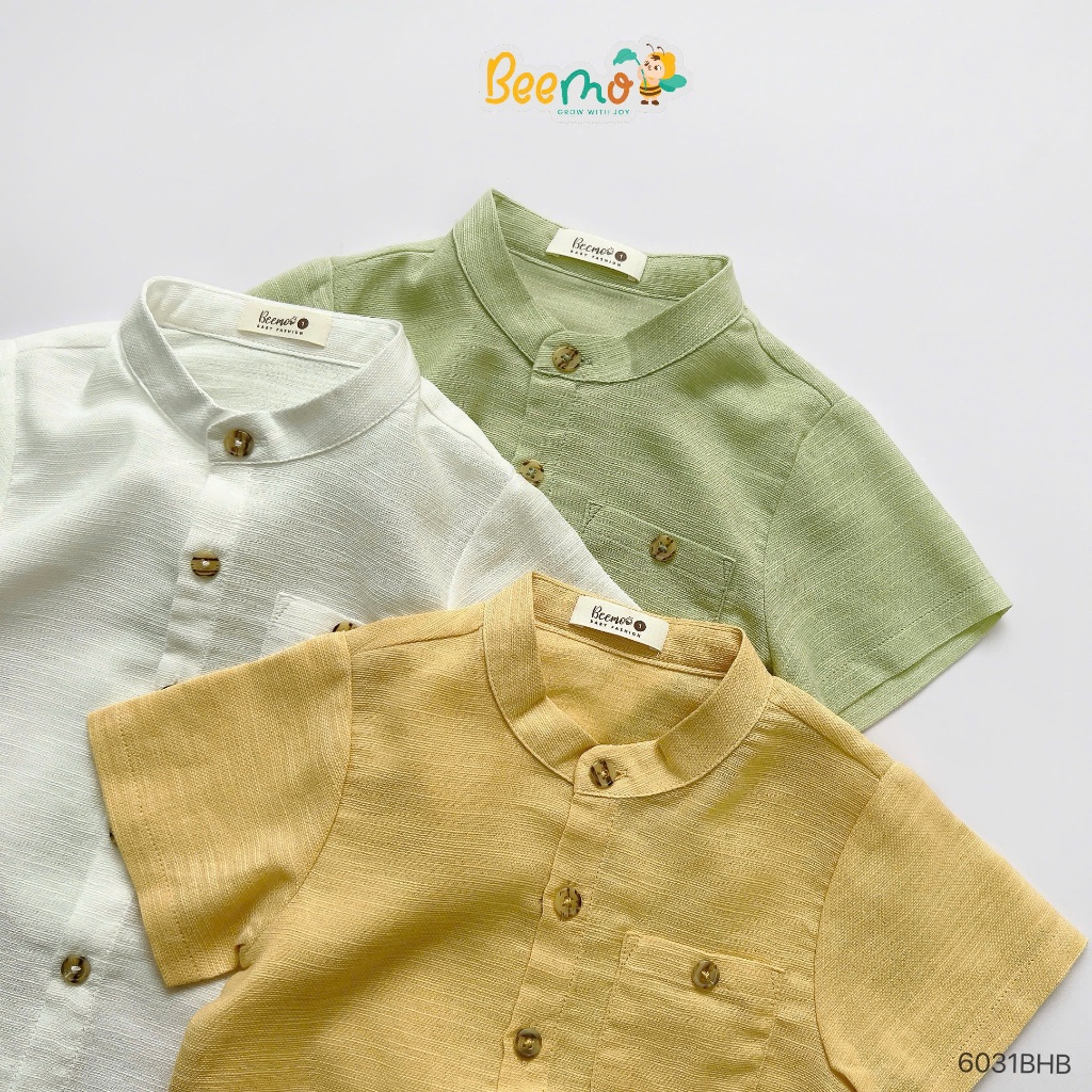 Bộ sơ mi linen basic trơn màu mềm mát cho bé trai, bộ sơ mi cộc cổ trụ khuy gỗ cho bé