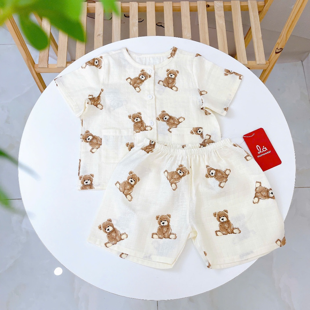 Pijama bé trai tay ngắn quần đùi xô cotton Lá Homewear A387, bộ cộc tay bé trai khủng long xe gấu