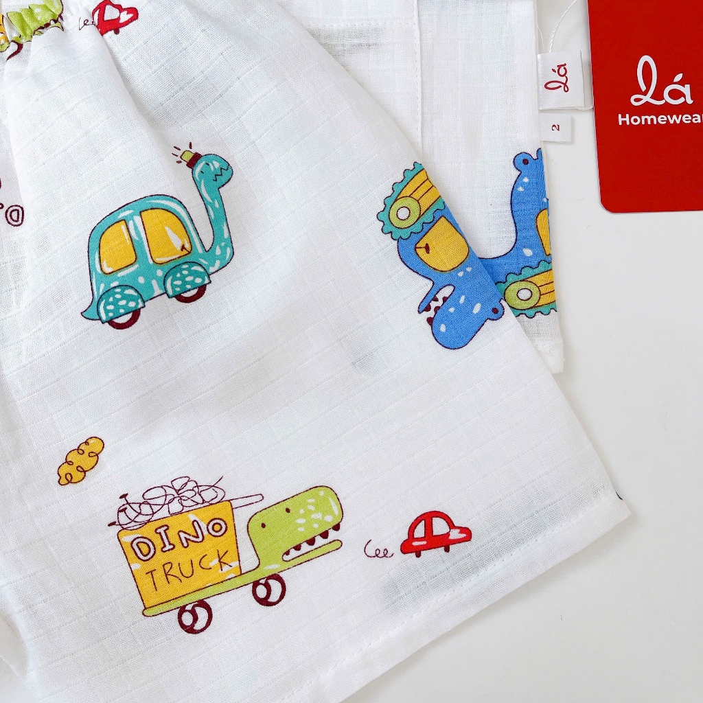 Pijama bé trai tay ngắn quần đùi xô cotton Lá Homewear A387, bộ cộc tay bé trai khủng long xe gấu