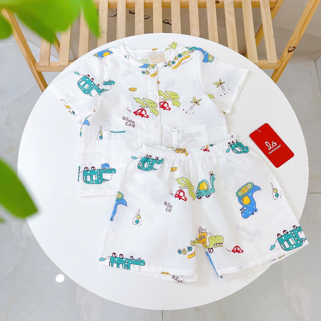 Pijama bé trai tay ngắn quần đùi xô cotton Lá Homewear A387, bộ cộc tay bé trai khủng long xe gấu