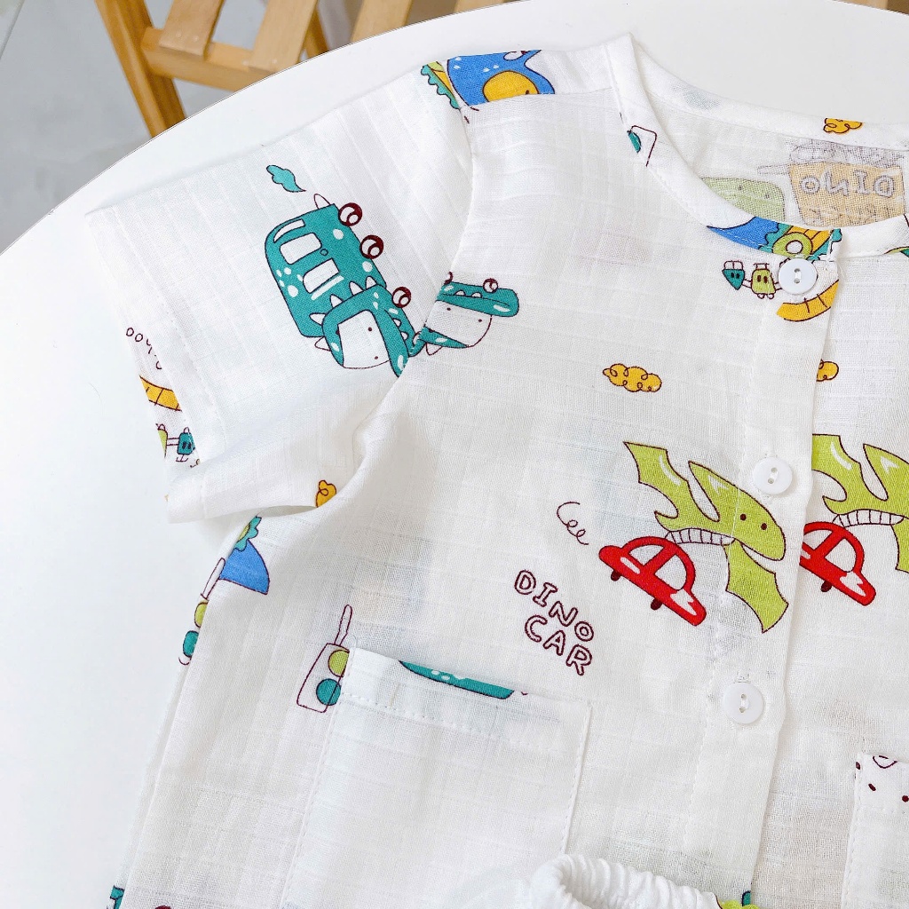 Pijama bé trai tay ngắn quần đùi xô cotton Lá Homewear A387, bộ cộc tay bé trai khủng long xe gấu