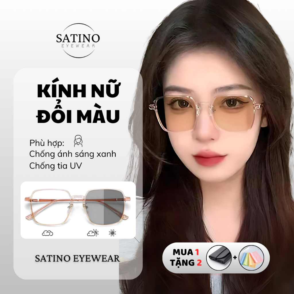 Mắt kính đổi màu nữ SATINO gọng kính vuông nhựa phối kim loại chống ánh sáng xanh uv dễ thương thời trang kính mát S14/