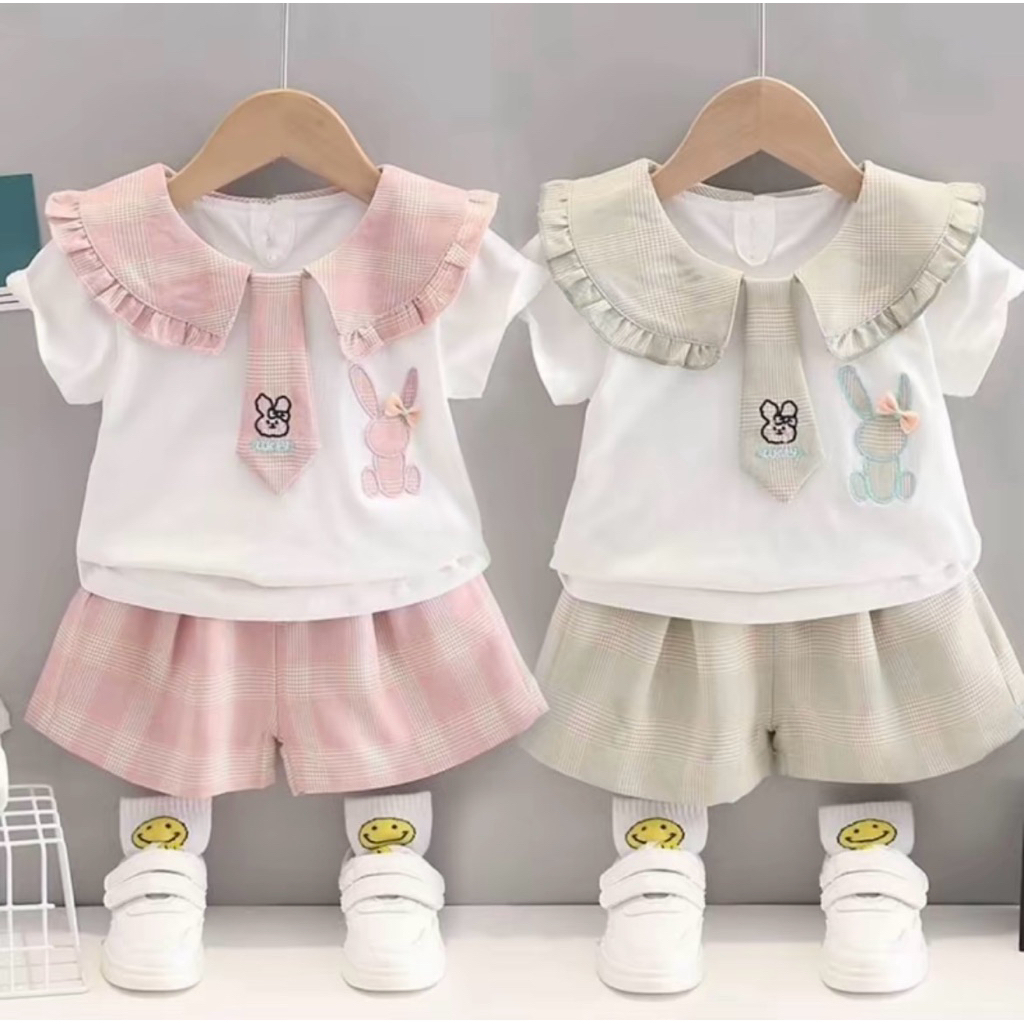 Bộ Quần Áo Bé Gái Cổ Bèo Thêu Thỏ Dễ Thương, Set Áo Trắng Quần Caro Mùa Hè Cho Bé 10-35kg