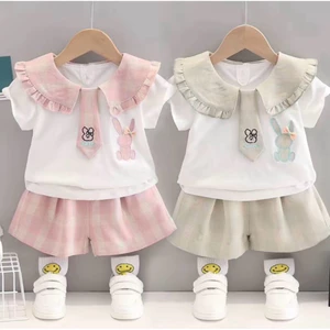Bộ Quần Áo Bé Gái Cổ Bèo Thêu Thỏ Dễ Thương, Set Áo Trắng Quần Caro Mùa Hè Cho Bé 10-35kg