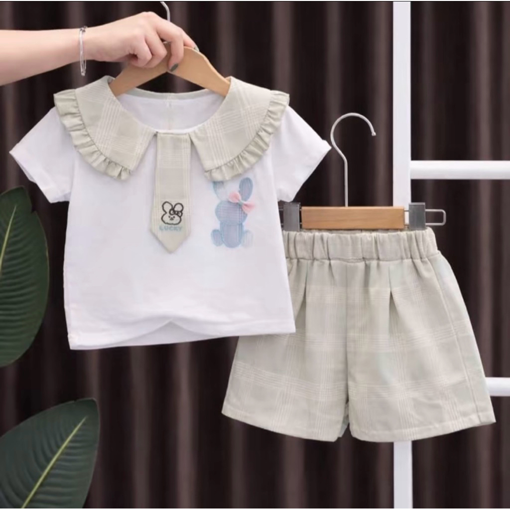 Bộ Quần Áo Bé Gái Cổ Bèo Thêu Thỏ Dễ Thương, Set Áo Trắng Quần Caro Mùa Hè Cho Bé 10-35kg