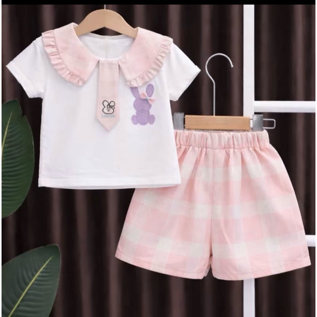 Bộ Quần Áo Bé Gái Cổ Bèo Thêu Thỏ Dễ Thương, Set Áo Trắng Quần Caro Mùa Hè Cho Bé 10-35kg