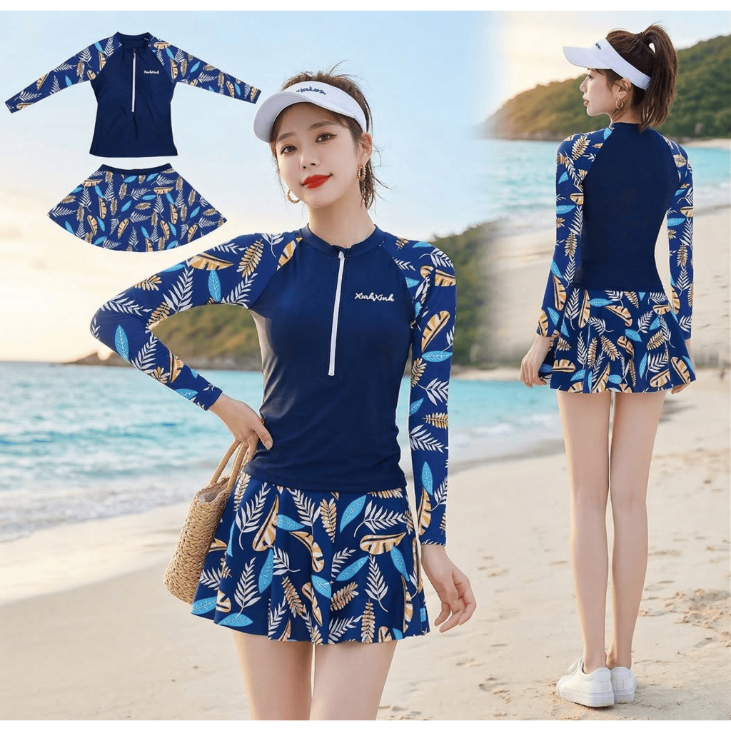 Đồ bơi nữ kín đáo XinhXinh - Áo tắm nữ khóa kéo họa tiết năng động (Có sẵn mút ngực & Quần trong)