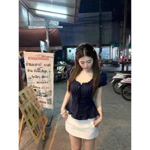 Áo hai mảnh giả lụa băng tay ngắn thiết kế nữ cảm giác mùa xuân và mùa hè xu hướng áo phông giảm béo rộng