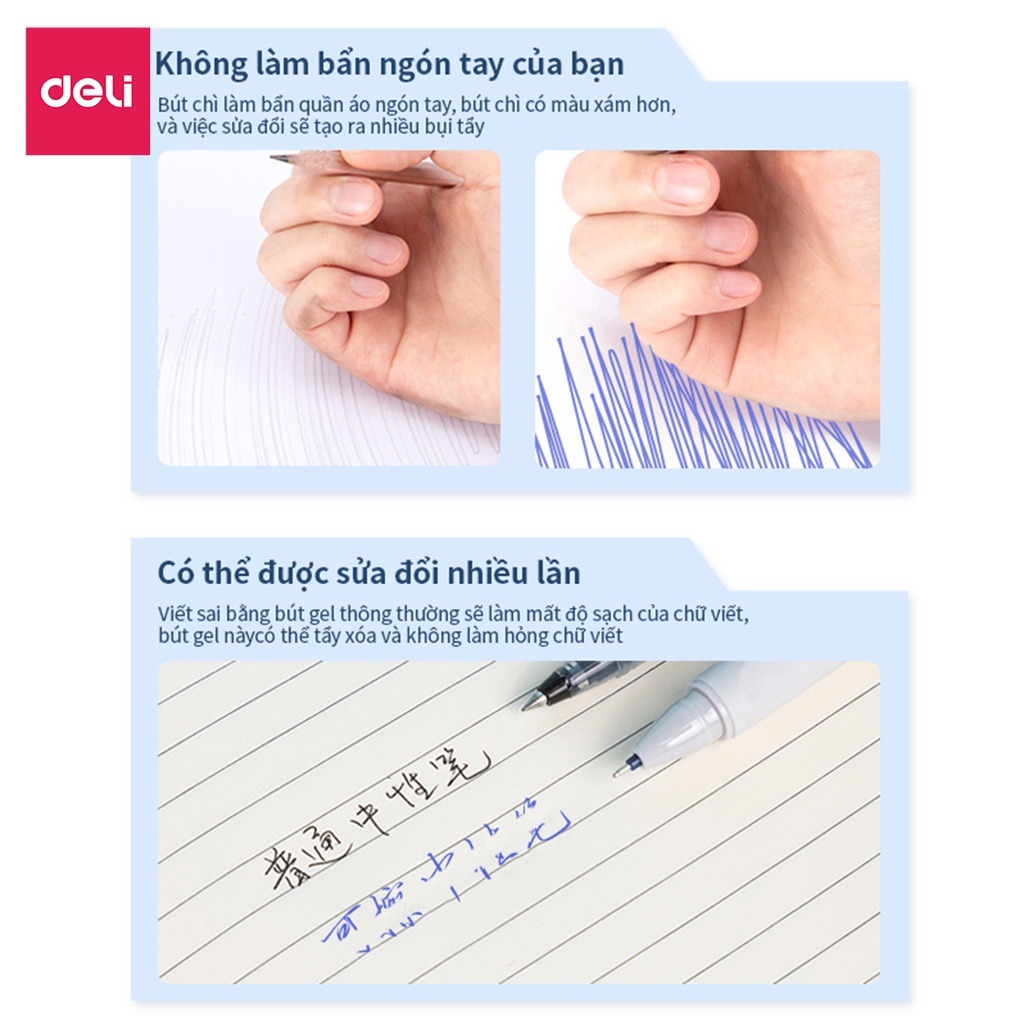 Combo 2 Bút Gel Xóa Được Deli 0.5mm Có Nắp Đậy + Kèm Tẩy Ngòi | Mực Nhiều Màu, Viết Mượt Cho Học Sinh Văn Phòng