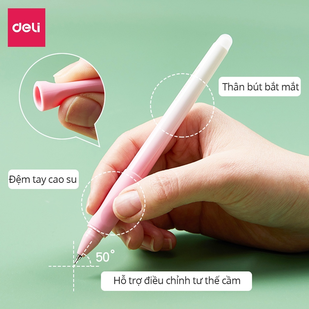 Combo 2 Bút Gel Xóa Được Deli 0.5mm Có Nắp Đậy + Kèm Tẩy Ngòi | Mực Nhiều Màu, Viết Mượt Cho Học Sinh Văn Phòng