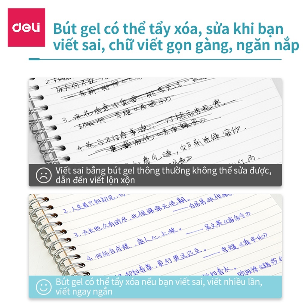 Combo 2 Bút Gel Xóa Được Deli 0.5mm Có Nắp Đậy + Kèm Tẩy Ngòi | Mực Nhiều Màu, Viết Mượt Cho Học Sinh Văn Phòng