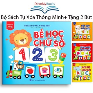 Sách Khổ To - Bộ 4 Quyển Sách Tự Xóa Thông Minh Cho Bé Mẫu Giáo Từ 3 Tuổi Luyện Chữ Cái, Số, Nét, Hình Khối Tặng 2 Bút