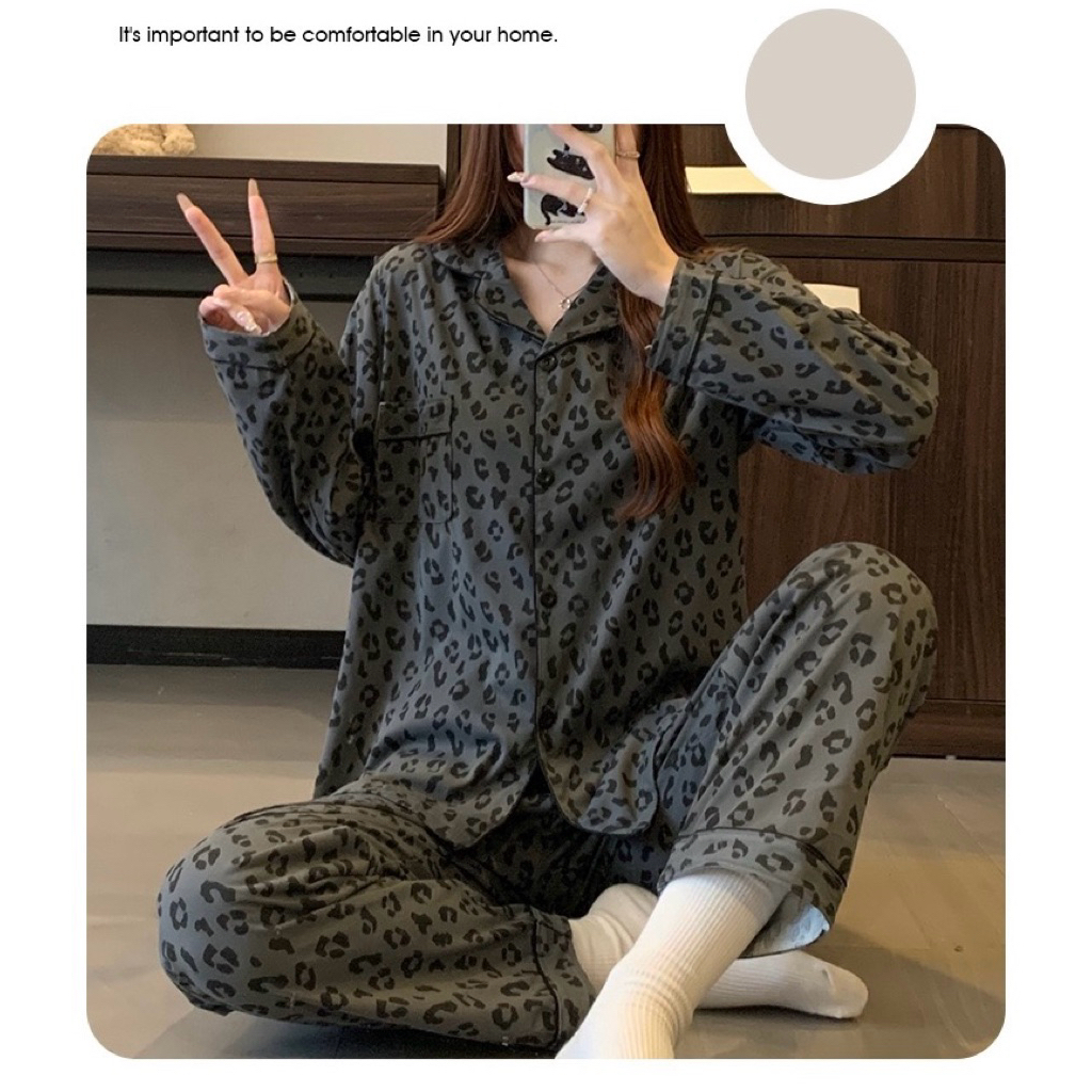 Set Đồ Ngủ Nữ Pijama Dài Tay Form Rộng Họa Tiết Da Báo Vải Mịn Mát Dễ Thương Mặc Nhà Thoải Mái