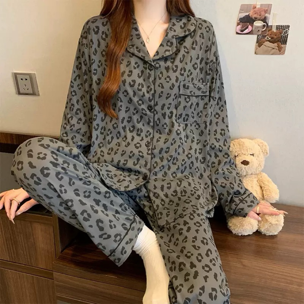 Set Đồ Ngủ Nữ Pijama Dài Tay Form Rộng Họa Tiết Da Báo Vải Mịn Mát Dễ Thương Mặc Nhà Thoải Mái
