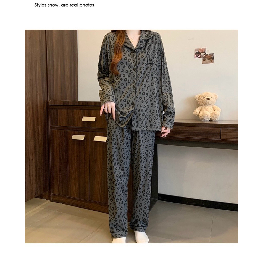 Set Đồ Ngủ Nữ Pijama Dài Tay Form Rộng Họa Tiết Da Báo Vải Mịn Mát Dễ Thương Mặc Nhà Thoải Mái