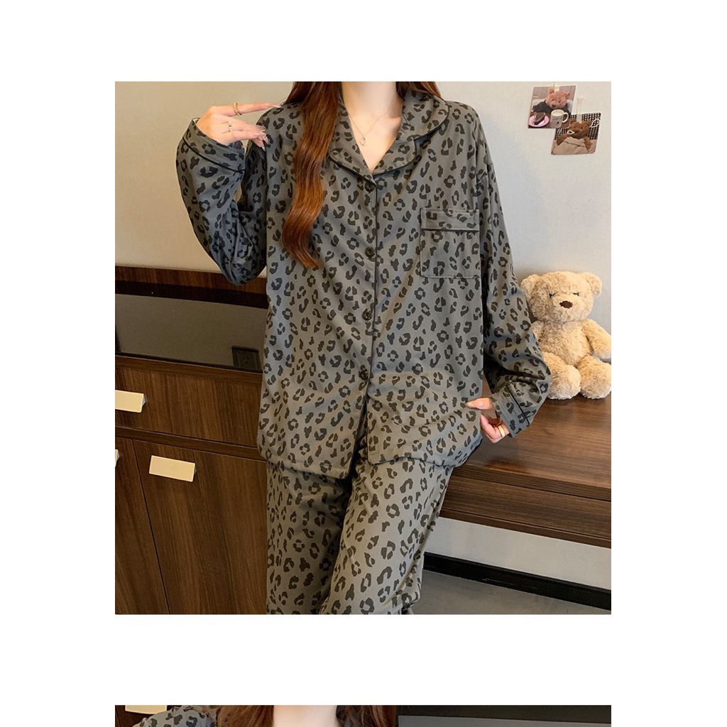 Set Đồ Ngủ Nữ Pijama Dài Tay Form Rộng Họa Tiết Da Báo Vải Mịn Mát Dễ Thương Mặc Nhà Thoải Mái