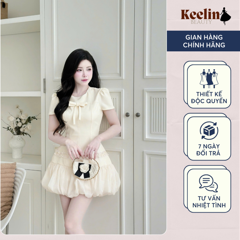 Đầm tiểu thư nữ thiết kế cổ tròn tay cộc đính nơ cổ dáng bí thanh lịch KEELIN BEAUTY N356