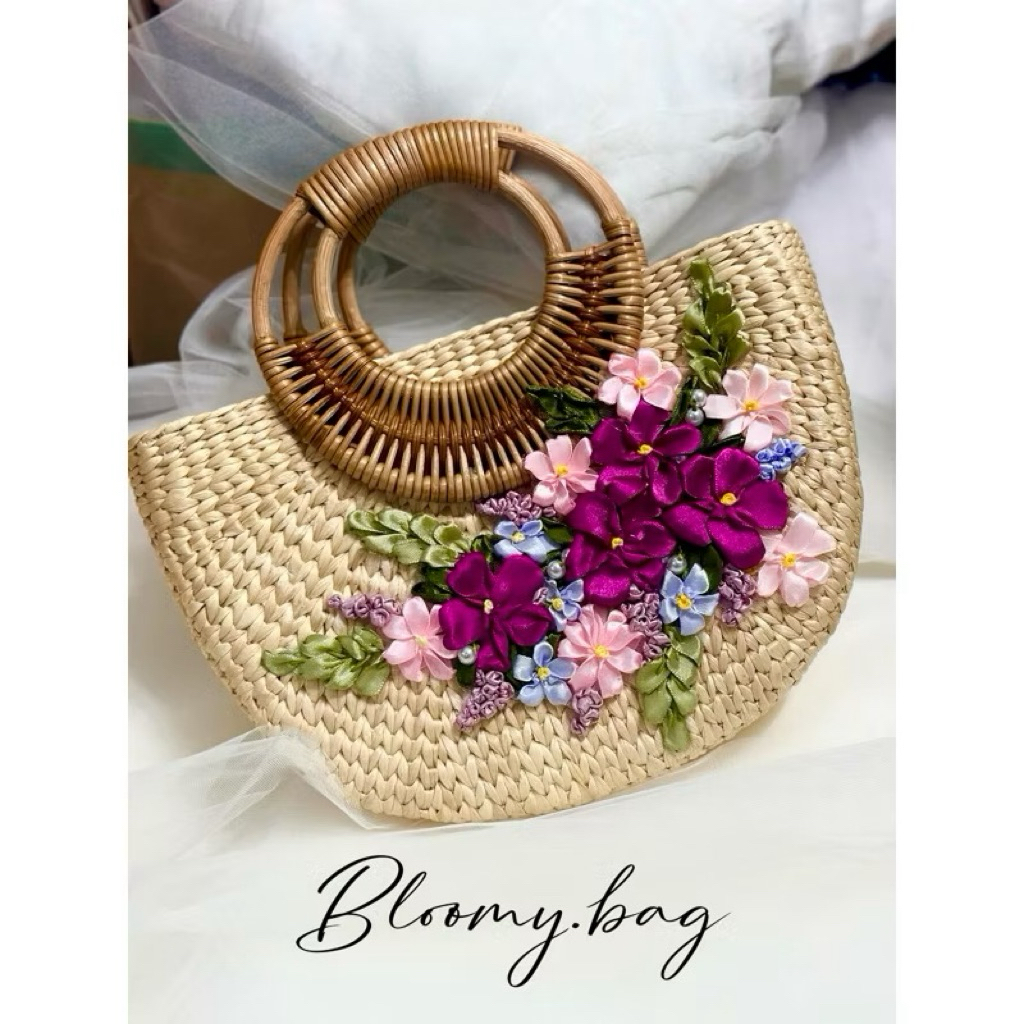 Túi cói lục bình vintage đính hoa ruy băng hàng loại 1