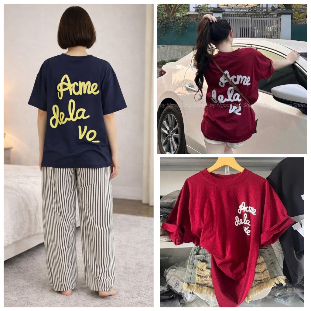 Sét Áo Thun Tay Lỡ ACE Chữ Vàng In Nổi + Kèm Quần Dài Ống Rộng Sọc Kẻ Chất Đũi Mềm Mịn