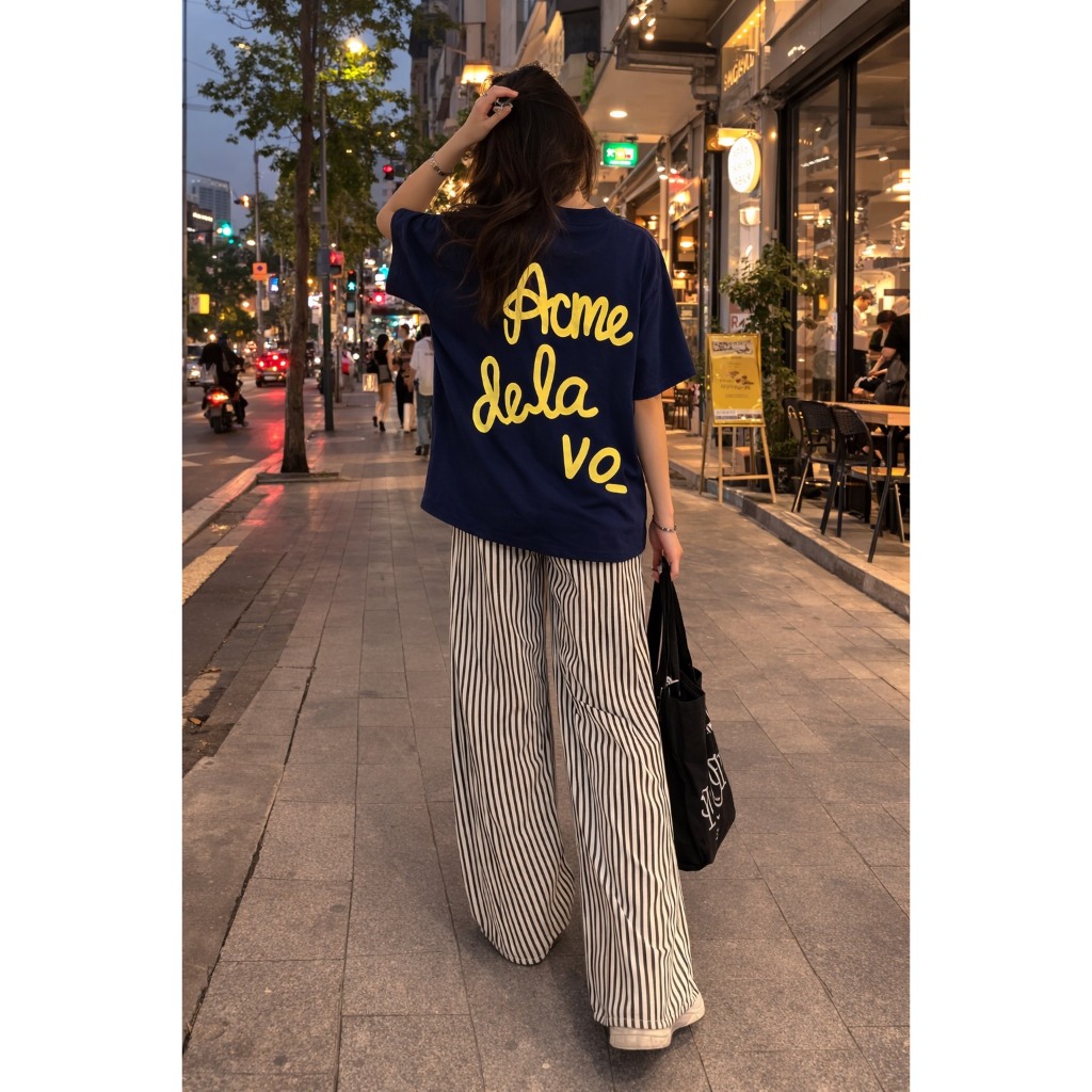 Sét Áo Thời Trang Nữ ACE In Nổi Chữ Vàng Phối Quần Dài Ống Rộng Sọc Đen Unisex Nam Nữ Hottrend