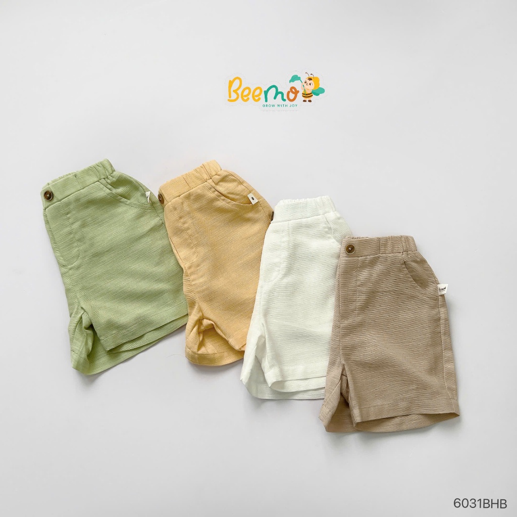 Bộ sơ mi linen basic trơn màu mềm mát cho bé trai, bộ sơ mi cộc cổ trụ khuy gỗ cho bé