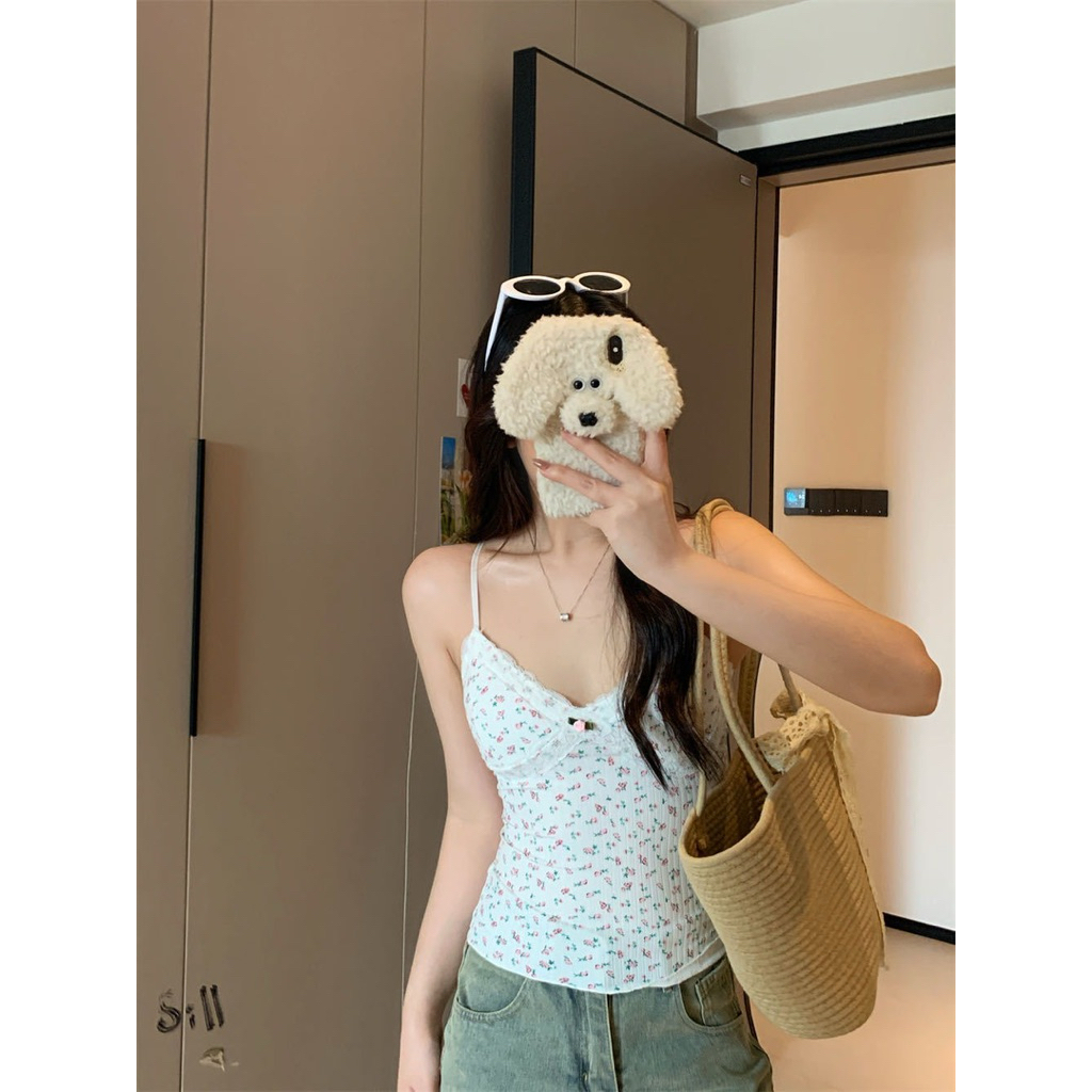 Áo Ngủ Nữ 2 Dây Hoa Nhí Viền Ren Thun Gân Co Giãn Mềm Mại