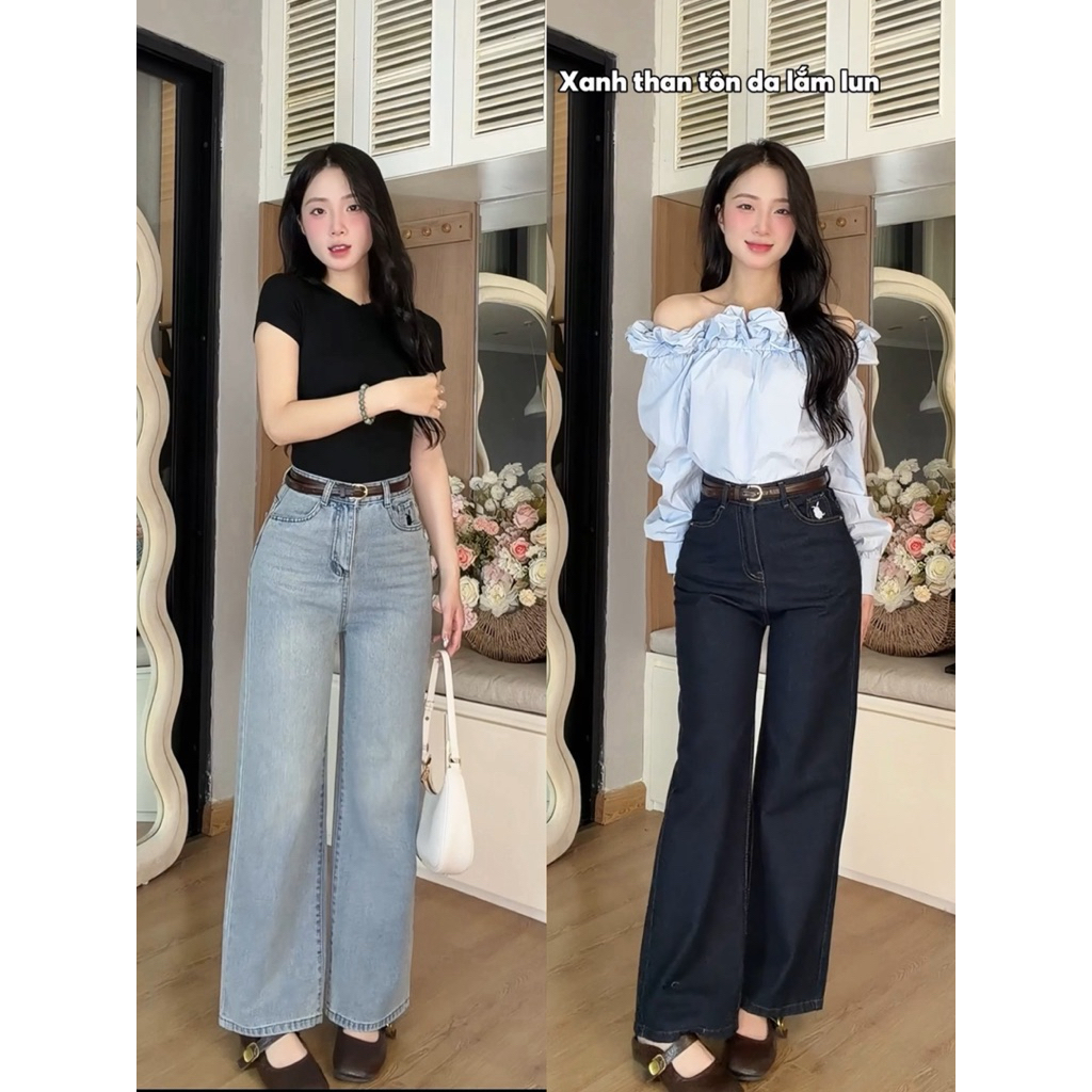 Quần Jean Nữ Ống Suông Thêu Thỏ Cạp Cao, Quần Bò Nữ Suông Rộng 2 Độ Dài 95cm & 102cm Hack Dáng Cực Xinh #8468 8469 8470