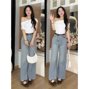 Quần Jean Nữ Ống Suông Thêu Thỏ Cạp Cao, Quần Bò Nữ Suông Rộng 2 Độ Dài 95cm & 102cm Hack Dáng Cực Xinh #8468 8469 8470