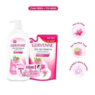 Tặng túi 450g -Sữa tắm trắng da Gervenne kiwi & bạch trà hương nước hoa 900g