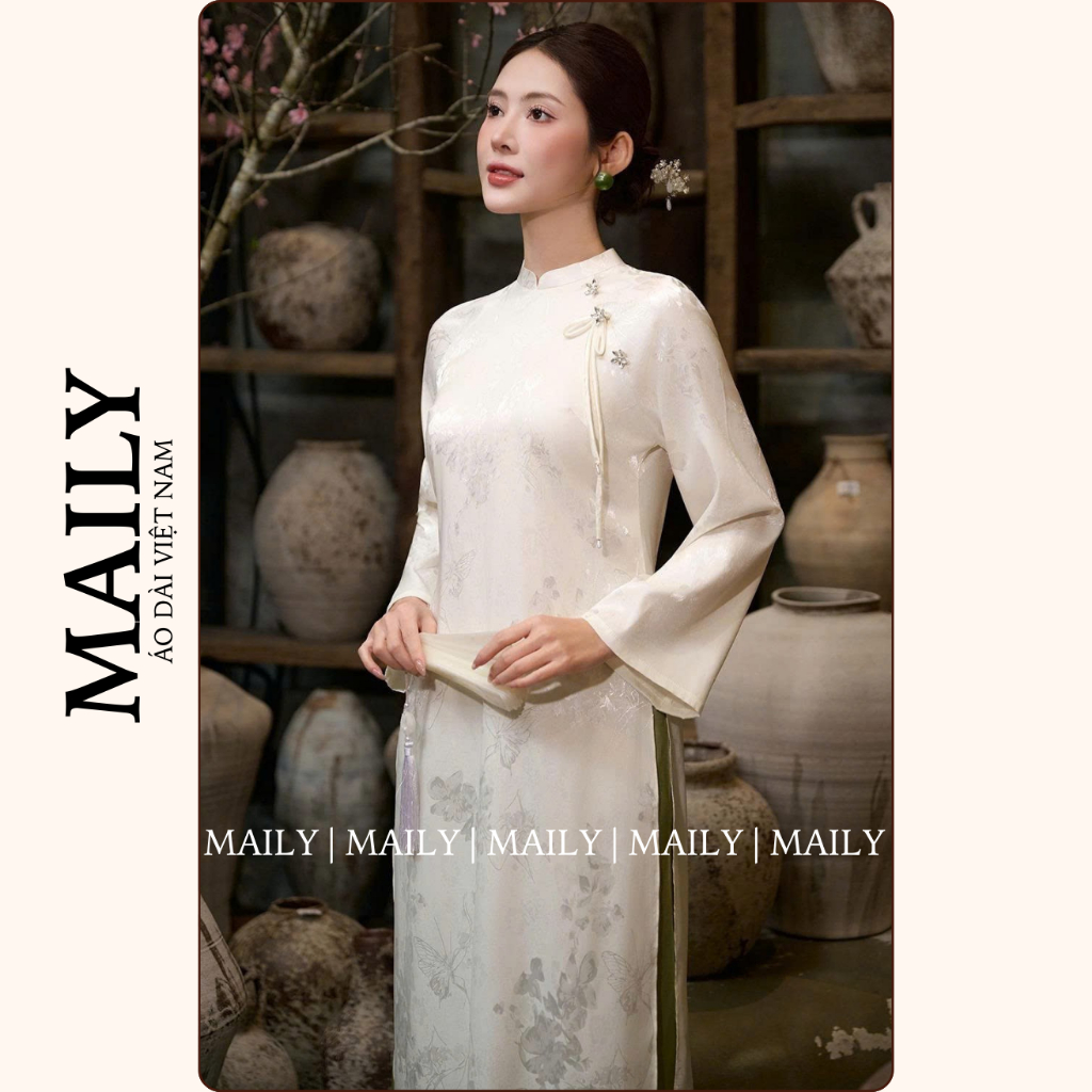 Áo Dài Thiên Điệp Chất Gấm Sang Trọng, Thiết Kế Cổ Cao Tay Dài Tay Loe Chiết Ly Sau Tôn Dáng - ÁO DÀI MAILY
