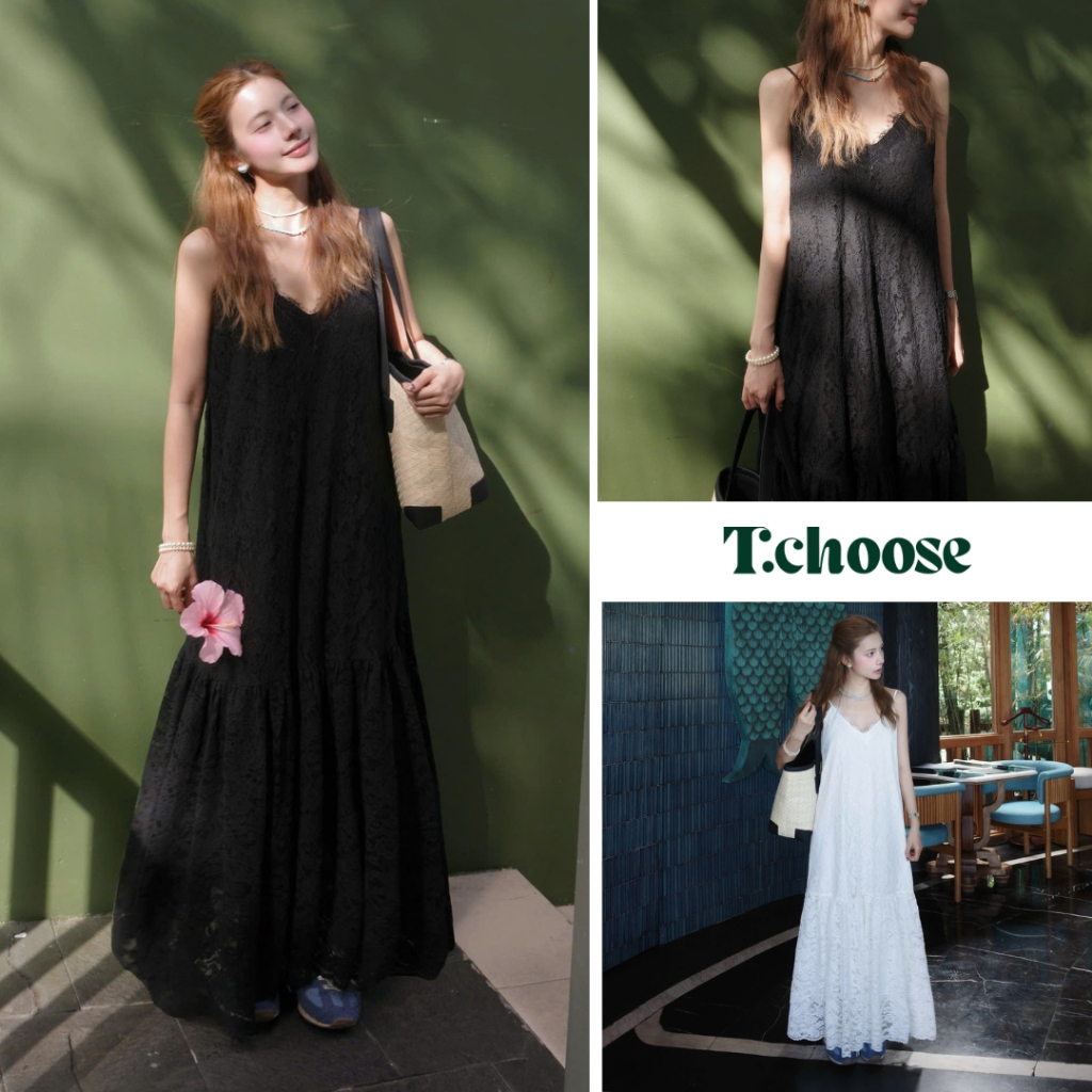 Váy trắng 2 dây dáng dài, váy liền ren hoa xòe 5156 TCHOOSE