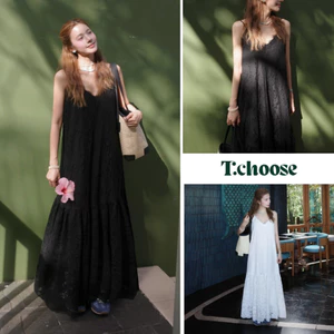 Váy trắng 2 dây dáng dài, váy liền ren hoa xòe 5156 TCHOOSE