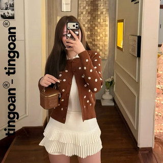 ÁO KHOÁC LEN CARDIGAN HỒNG CHẤM BI TRẮNG DOTTIE TI NGOAN