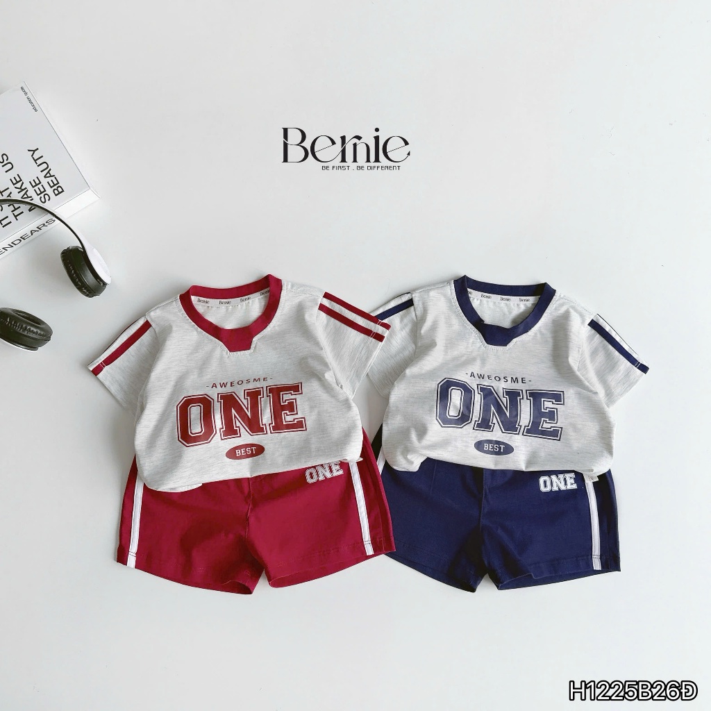 Bộ cotton hoạ tiết One co dãn 4 chiều phong cách thể thao, bộ thun cộc mềm mát bé trai