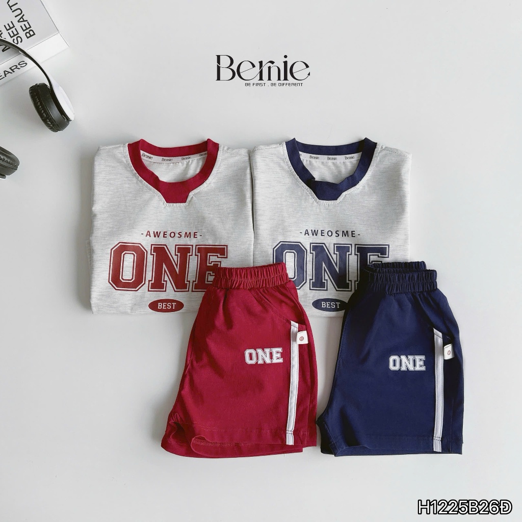 Bộ cotton hoạ tiết One co dãn 4 chiều phong cách thể thao, bộ thun cộc mềm mát bé trai