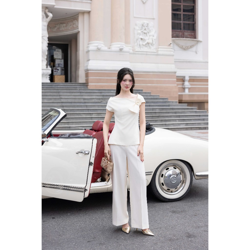 Áo Xuân Hè Cổ Lệch 2T17.2601, Áo Lệch Vai Form Dáng Ôm Eo Xoè Nhẹ, Kiểu Dáng Fitted Bodice Thanh Lịch Sang Trọng By JM
